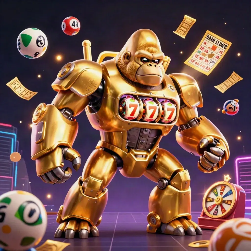 Golden gorilla mech with a tiny monkey pilot, slot reels, lottery balls, bingo card, prize wheel, and glowing casino effects.