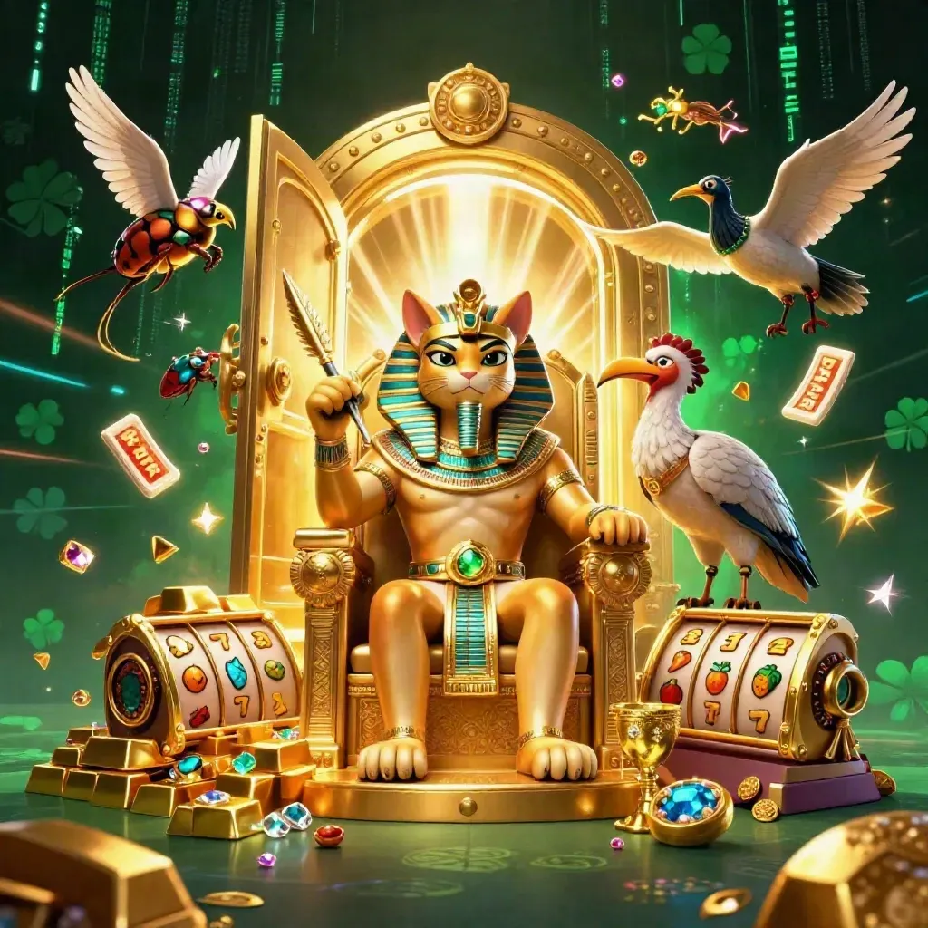 Pharaoh cat on a golden throne with an ibis scribe, scarabs, vault glow, and casino riches.