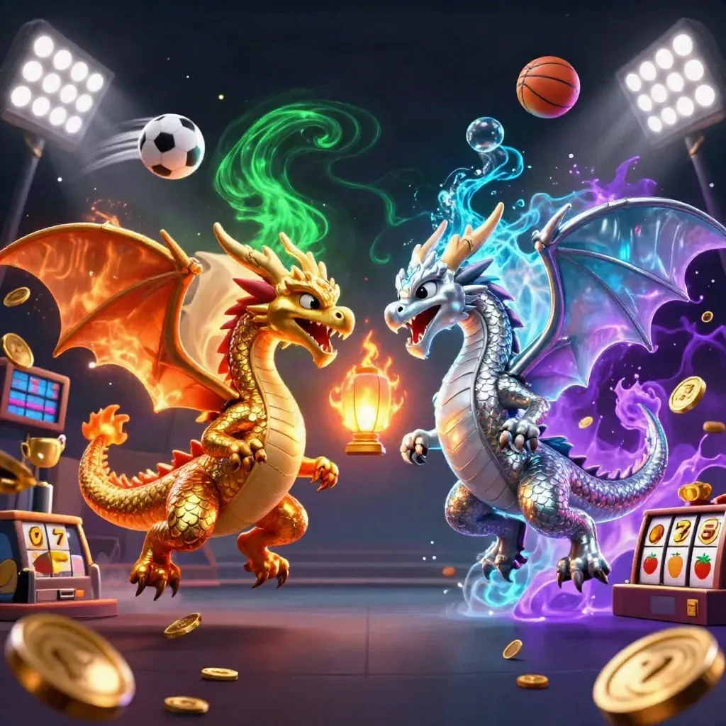 Gold and silver dragons swirl in a yin-yang with casino and sports icons, coins, and neon glow.