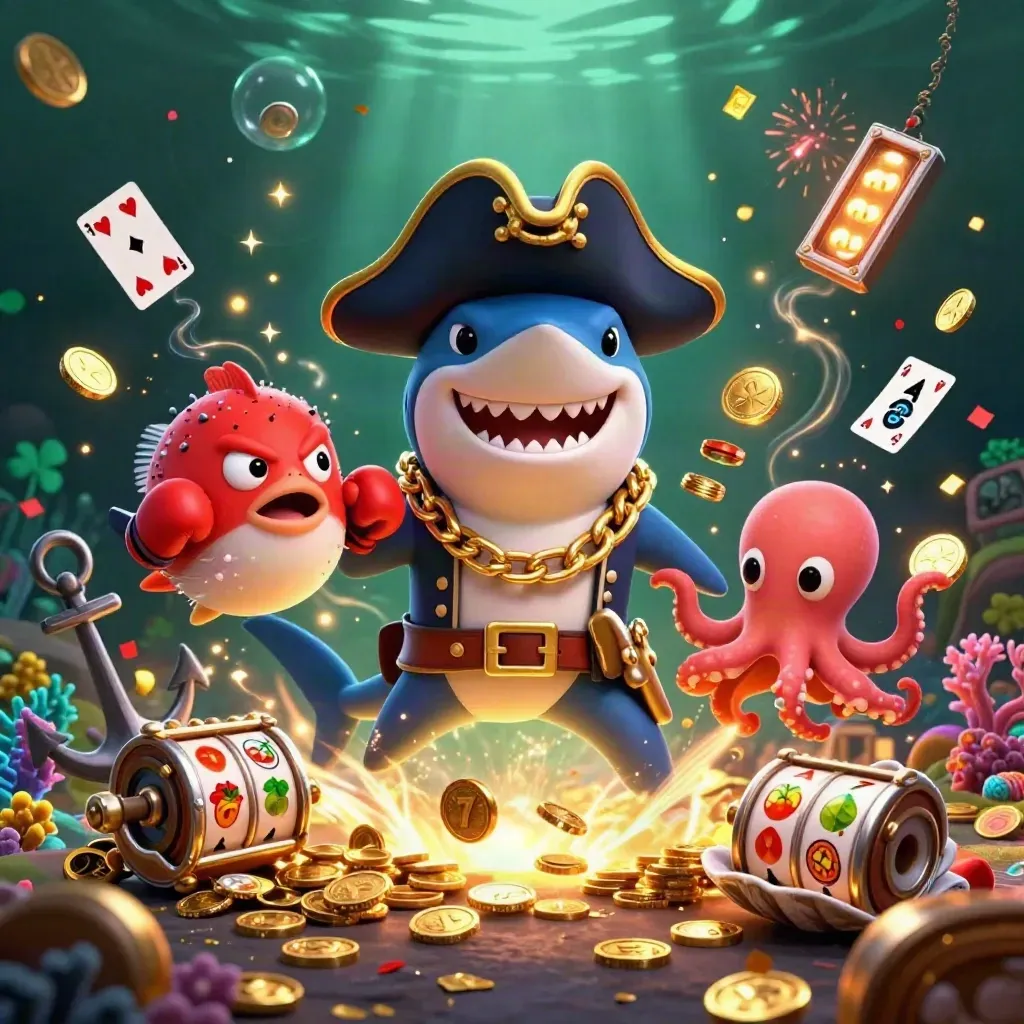 Pirate shark, boxing pufferfish, and coin-juggling octopus in a glowing treasure cove