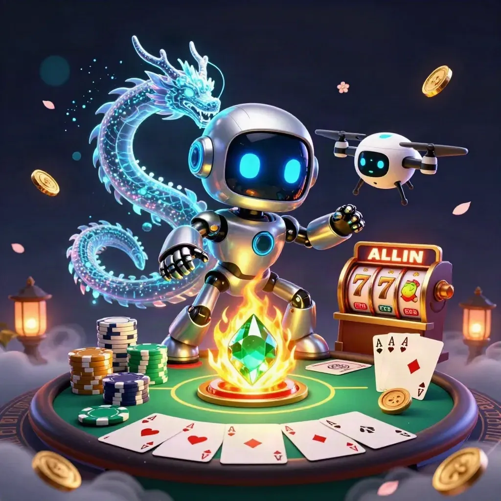 Cyberpunk robot, holographic dragon, and coin drone over glowing casino chips and cards.