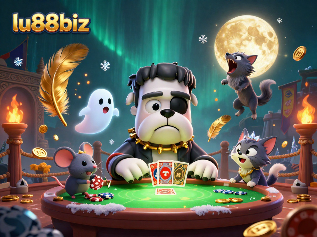 Engage in thrilling card games at lu88biz with a vibrant 3D monster casino scene featuring unique characters.