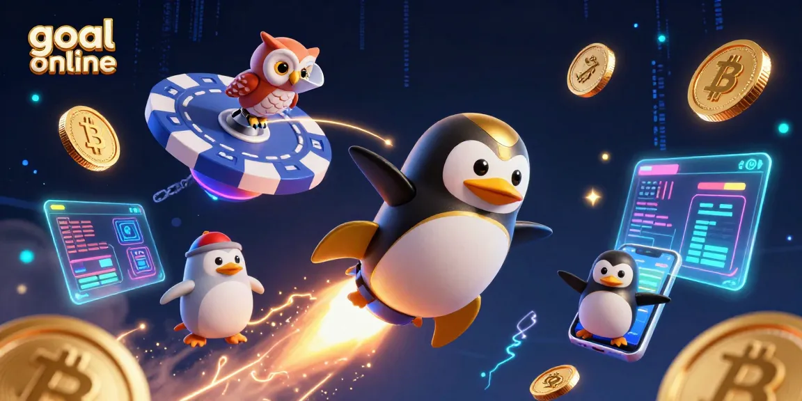 Experience goal online with a colorful penguin amid glowing coins and a casino chip backdrop.