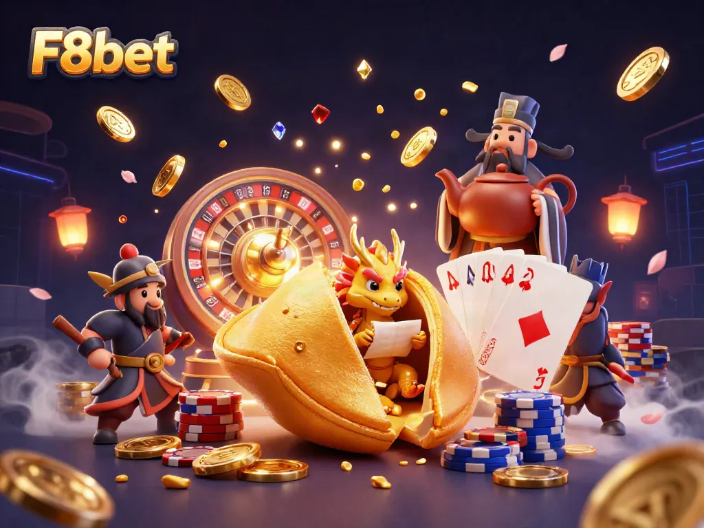 F8bet presents a vibrant and dynamic illustration of a golden fortune cookie and characters in a thrilling casino scene.