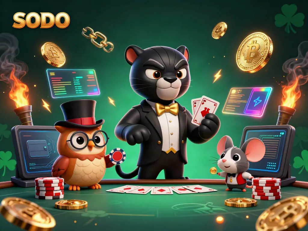 Engaging SODO casino scene with a stylish panther, owl, and mouse amidst vibrant gaming elements.