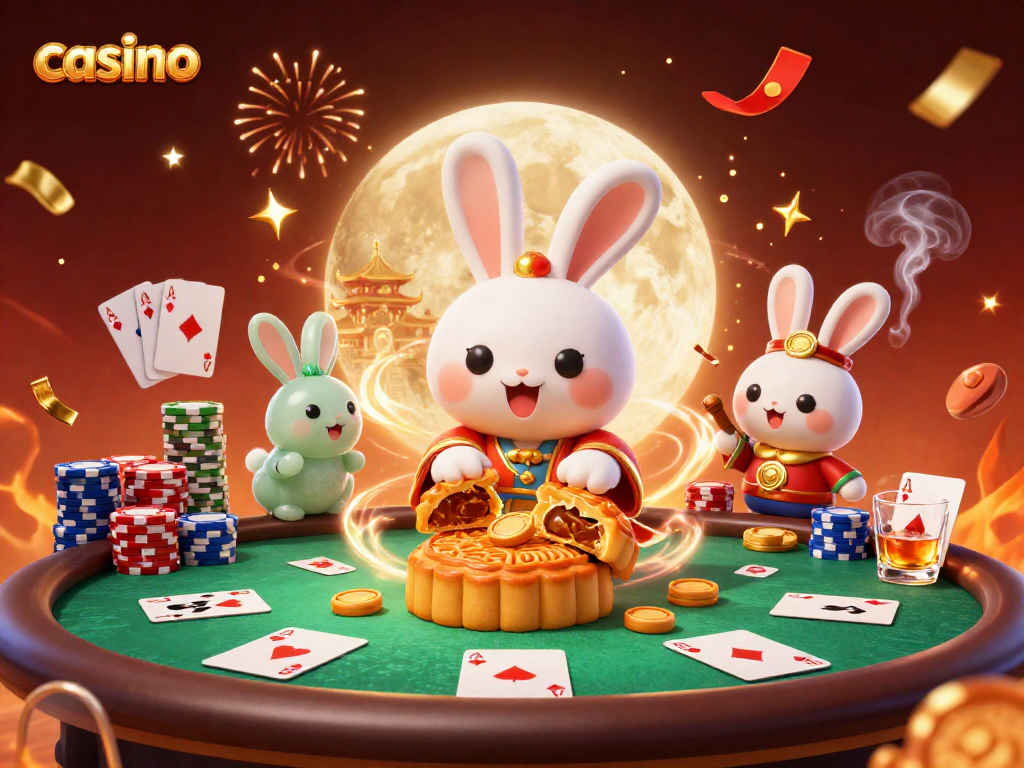 Engage with the vibrant casino scene showcasing a moon rabbit character and poker elements.