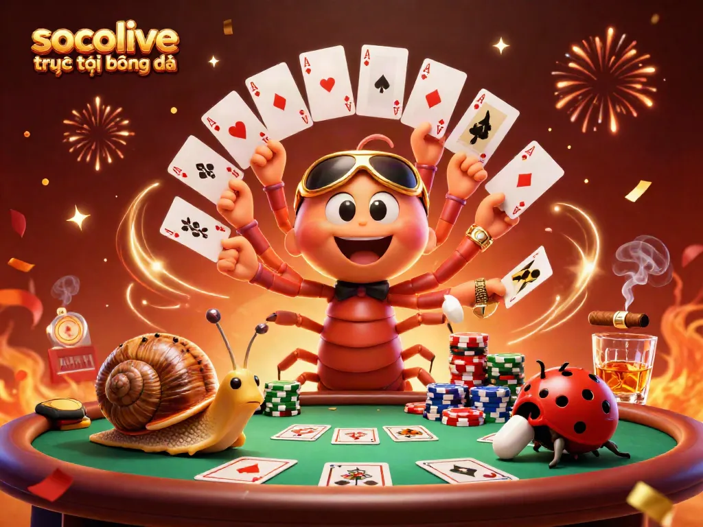 Socolive trực tiếp bóng đá scene with a millipede dealer, snail high-roller, and pill bug excitement at a poker table