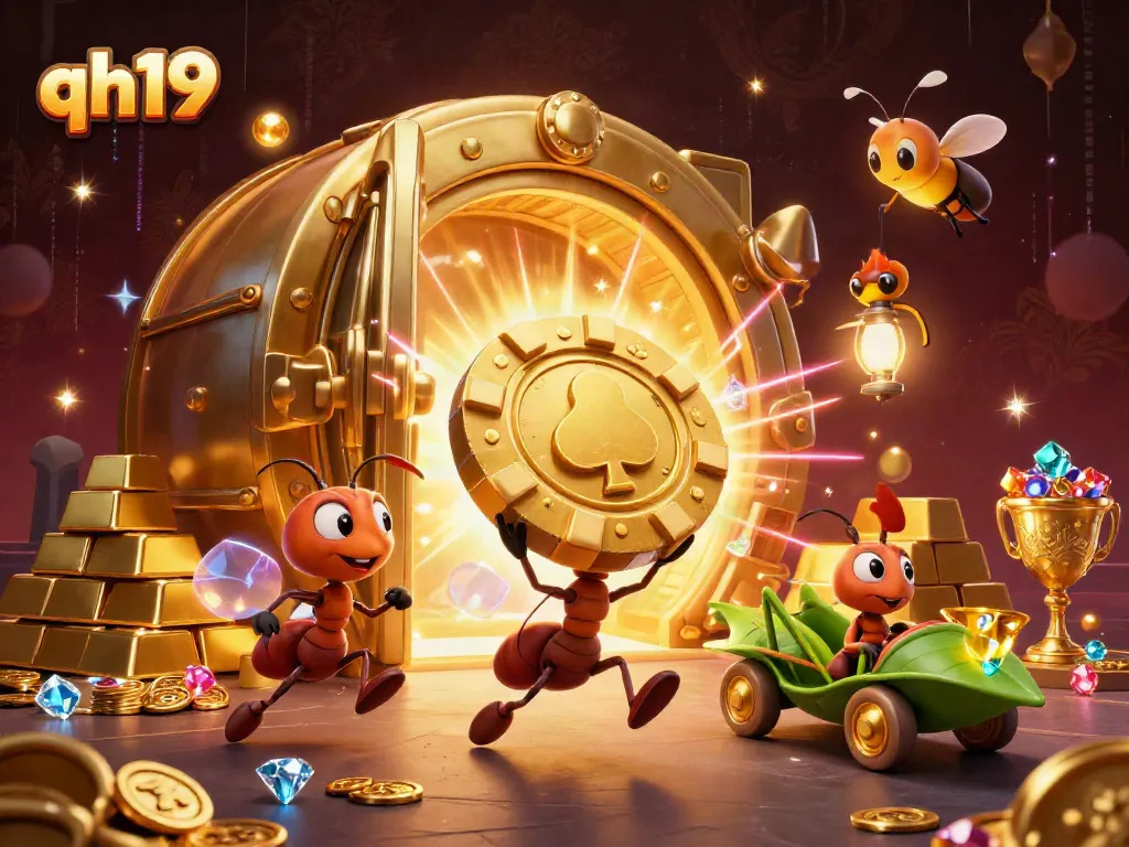 Engage in thrilling gameplay with qh19 as ants steal a massive poker chip in a vibrant casino heist scene.