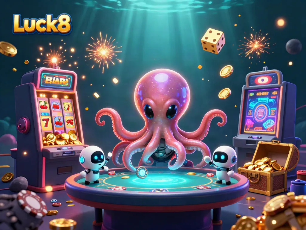 Luck8 showcases an engaging scene with an alien octopus at a holographic poker table, celebrating casino winnings.
