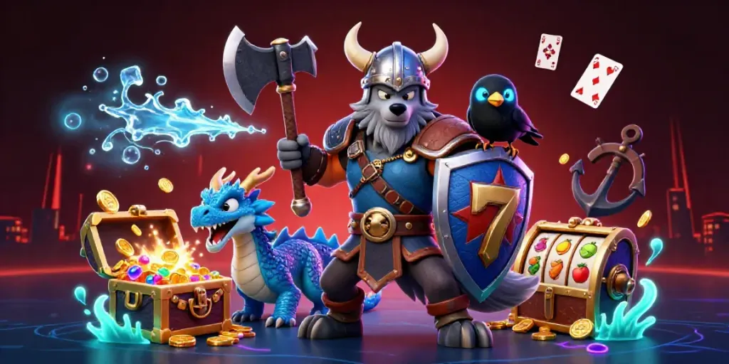 Experience an immersive CASINO adventure with a Viking wolf warrior, dragon, and treasure in a stunning 3D scene.