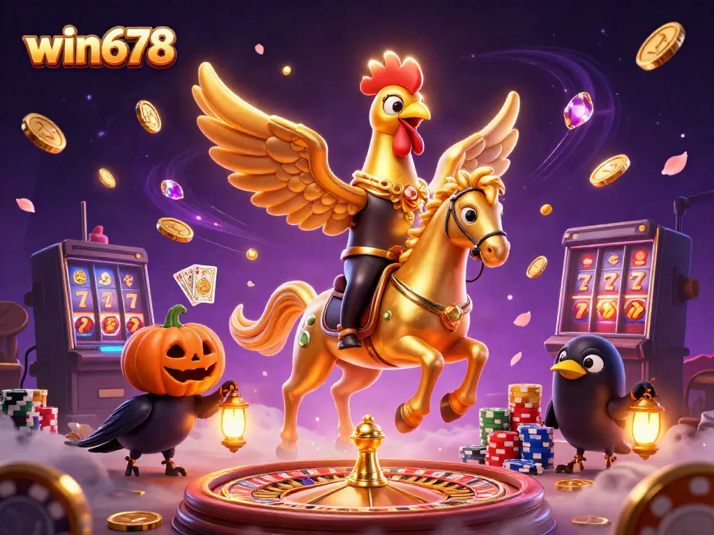 Experience thrilling gameplay at win678 with a golden rooster and lanterns in a vibrant casino.