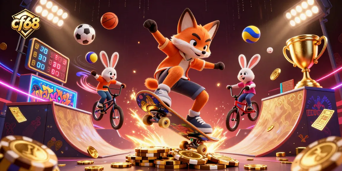 Experience thrilling gameplay at cf68 with cartoon characters performing tricks over golden poker chips in a vibrant casino scene.