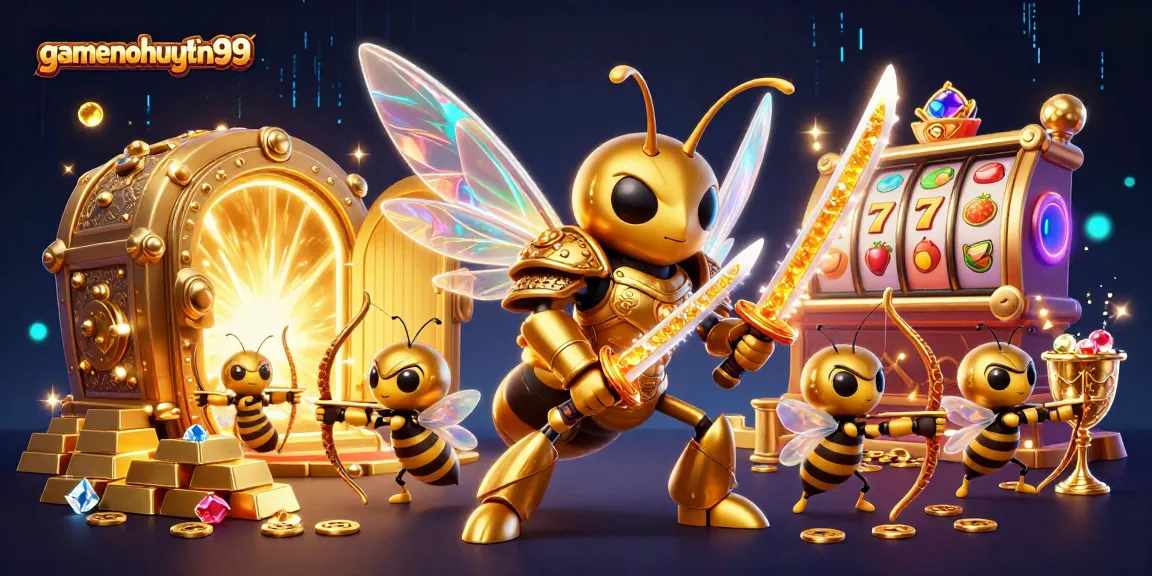 Engage in the gambling thrills with gamenohuuytin99 featuring an exciting 3D illustration of a golden hornet and majestic casino treasures.