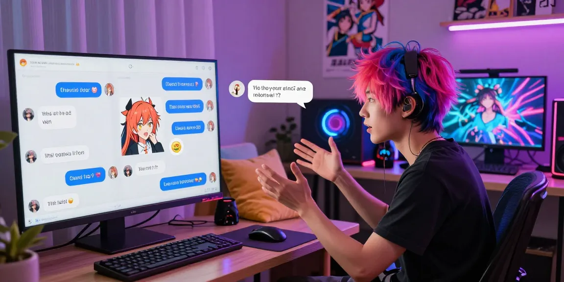 Engaging AI chat hentai interaction with vibrant anime character in a cozy digital space.