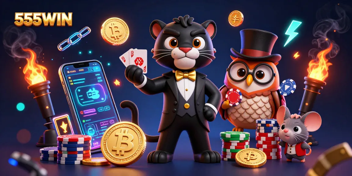 Join the fun at 555WIN with a stylish black panther elegantly dealing cards amidst glowing casino elements.