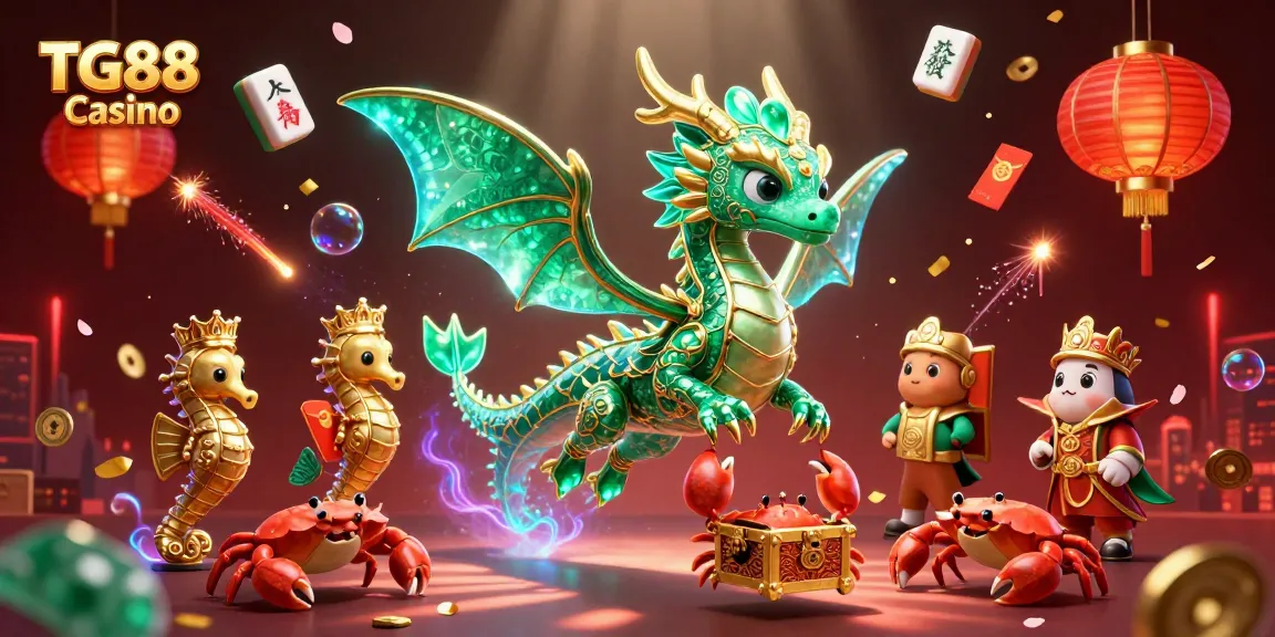 Join TG88 Casino's vibrant celebration with a magical sea dragon amidst a backdrop of exciting gaming elements.