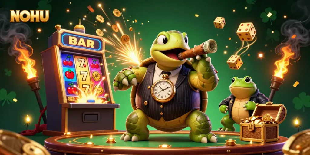 Experience thrilling jackpot moments at NOHU with a vibrant casino scene featuring unique characters and exciting game elements.