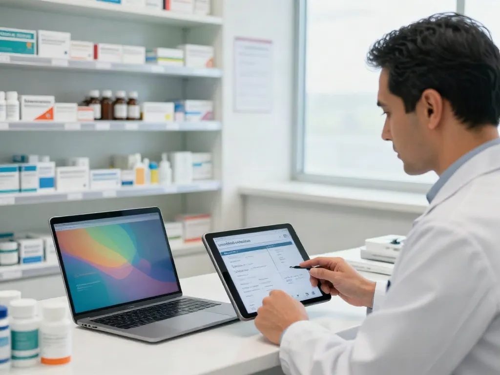 Pharmacist reviewing controlled medicines UAE information on a tablet in a professional pharmacy.