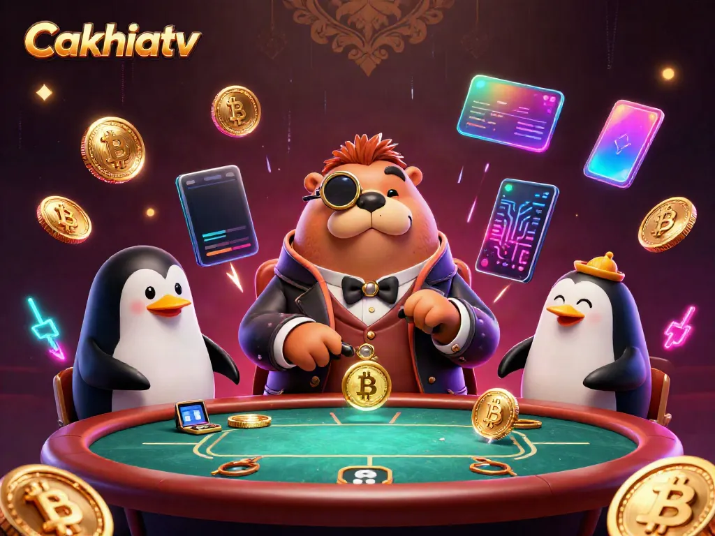 Engage with Cakhiatv's dynamic underwater poker scene featuring a bluffing pufferfish and sophisticated characters.