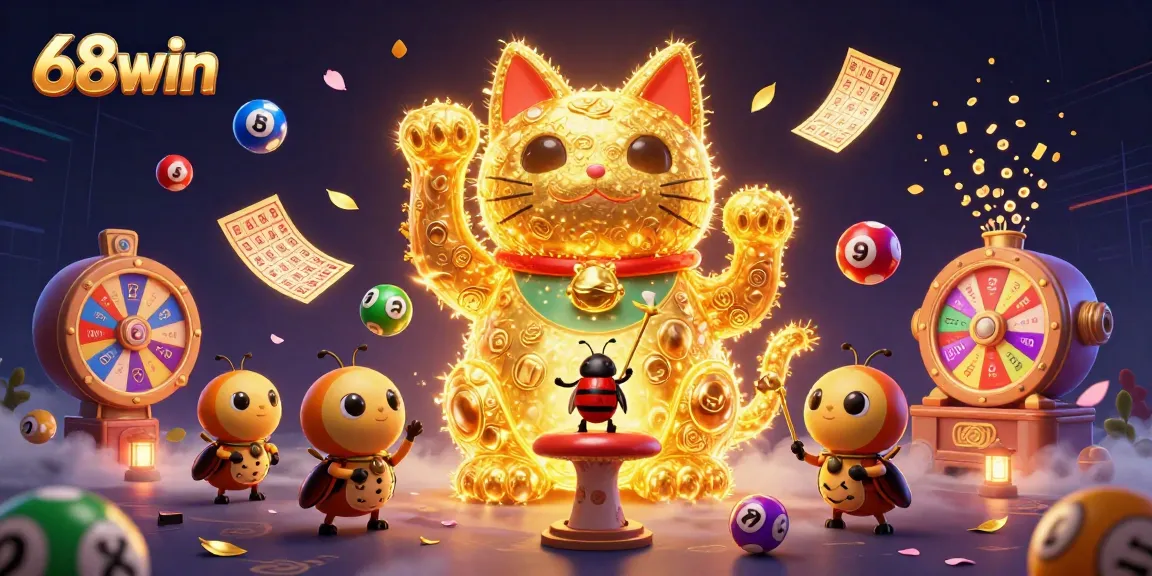 Engage with exciting games at 68win, featuring dynamic casino symbols and vibrant lottery elements.