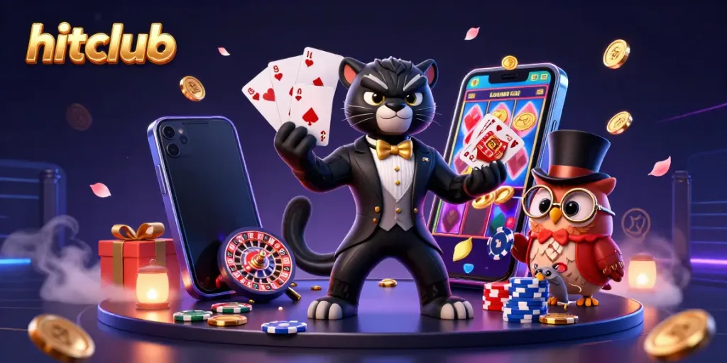 hitclub shows a stylish black panther dealing cards with an owl and lucky mouse in a vibrant casino scene.