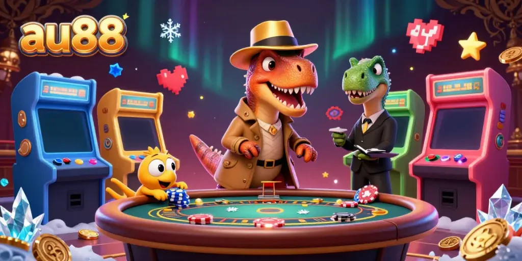 au88 velociraptor card counter hiding at a blackjack table, surrounded by colorful gaming elements.