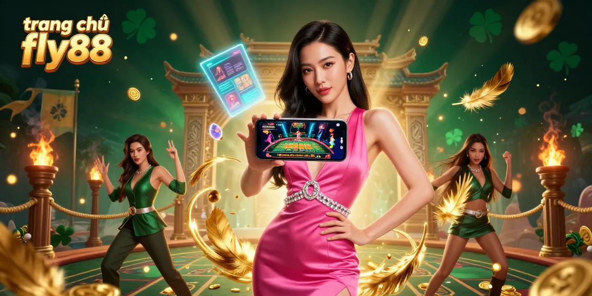 Play at trang chủ fly88 with a live dealer game illustration, featuring an elegant Asian host and vibrant casino elements.