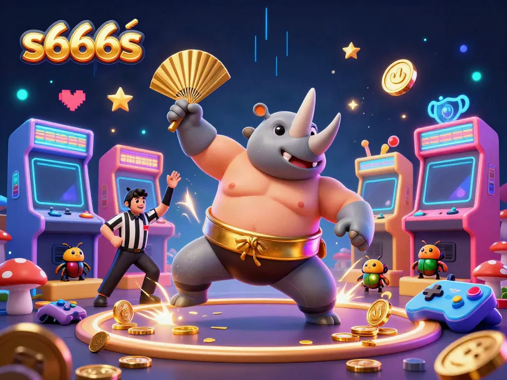 Experience the thrilling gameplay of s666s as a sumo beetle stomps for jackpots amidst dazzling casino elements.