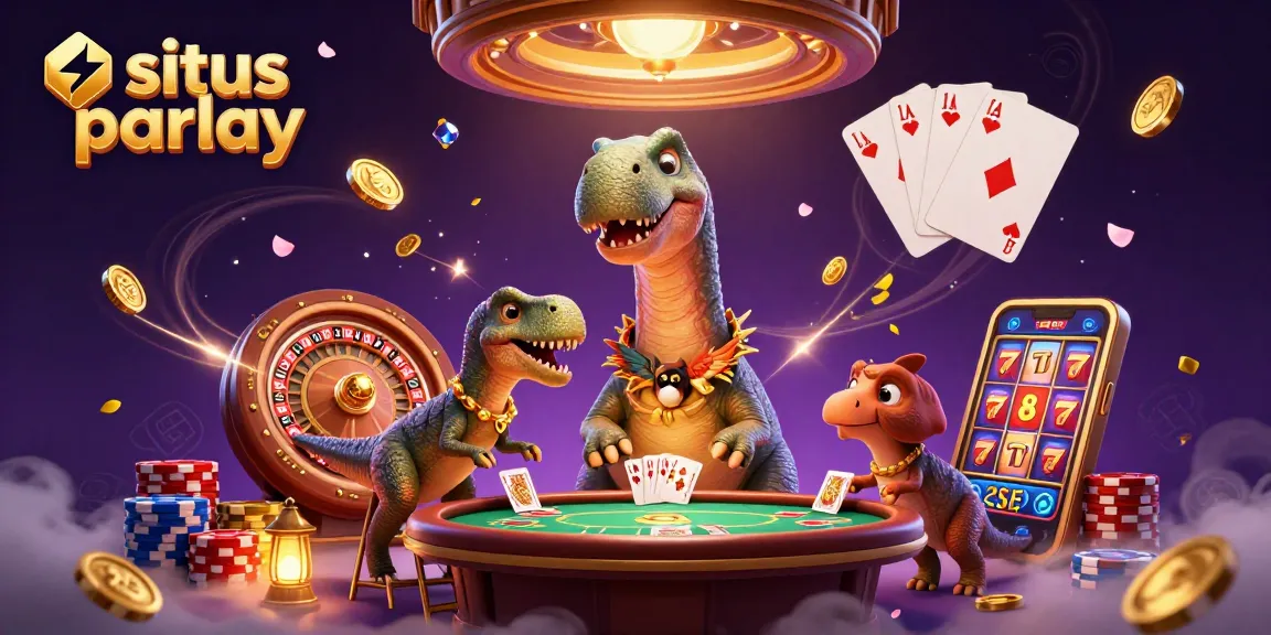 Bet on situs parlay with a 3D brontosaurus at a lively casino scene, thriving with action.