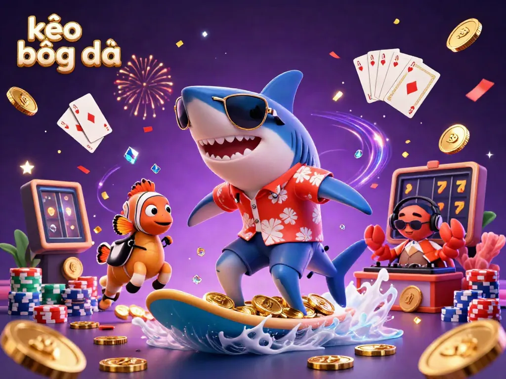 Surf on gold coins with the kèo bóng đá theme in a vibrant carnival scene enriched with casinos elements.