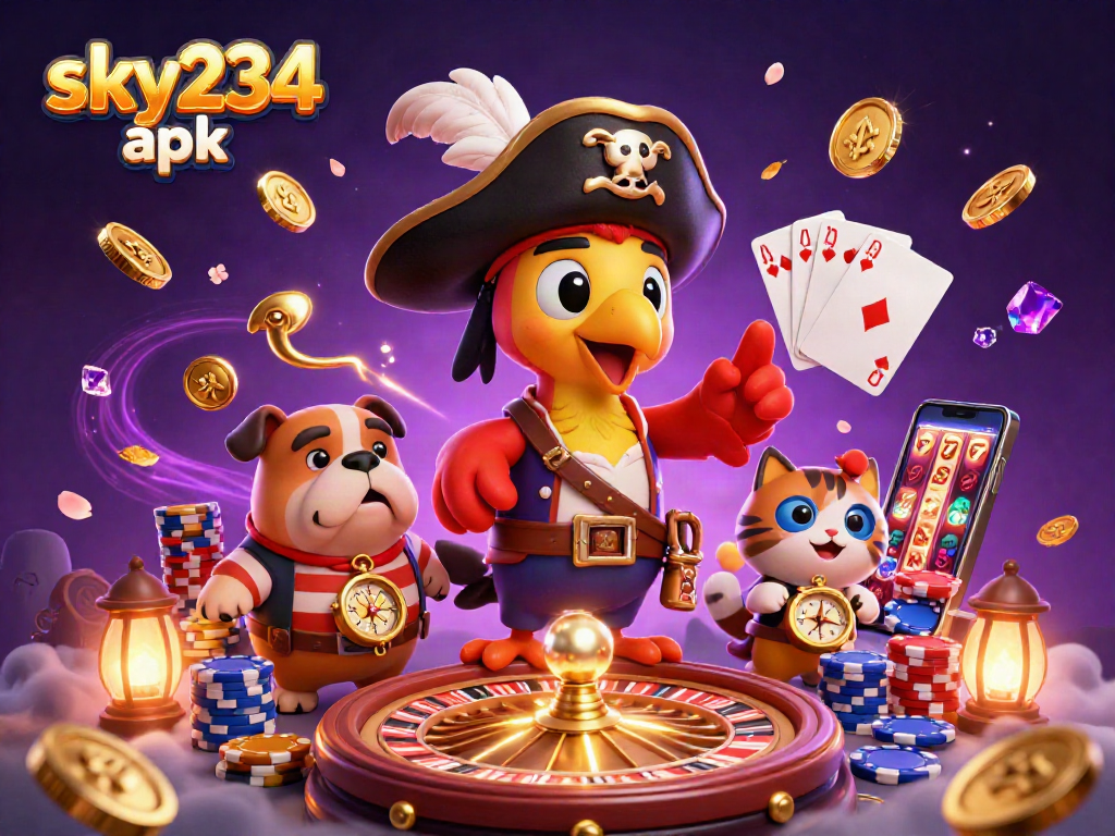 Experience excitement with the sky234 apk, featuring a vibrant pirate captain and gambling elements.