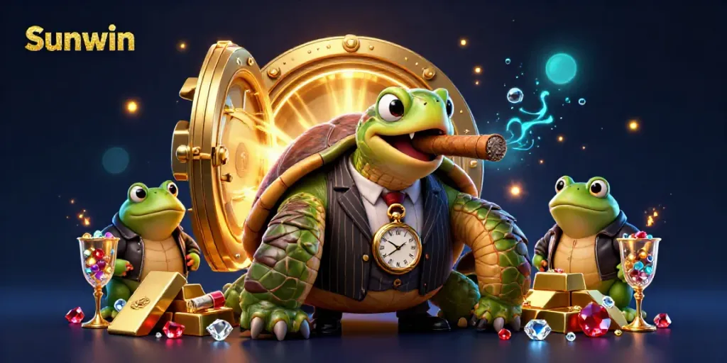 Experience big wins at Sunwin casino with a dynamic illustration featuring a cartoon turtle mobster and casino treasures.
