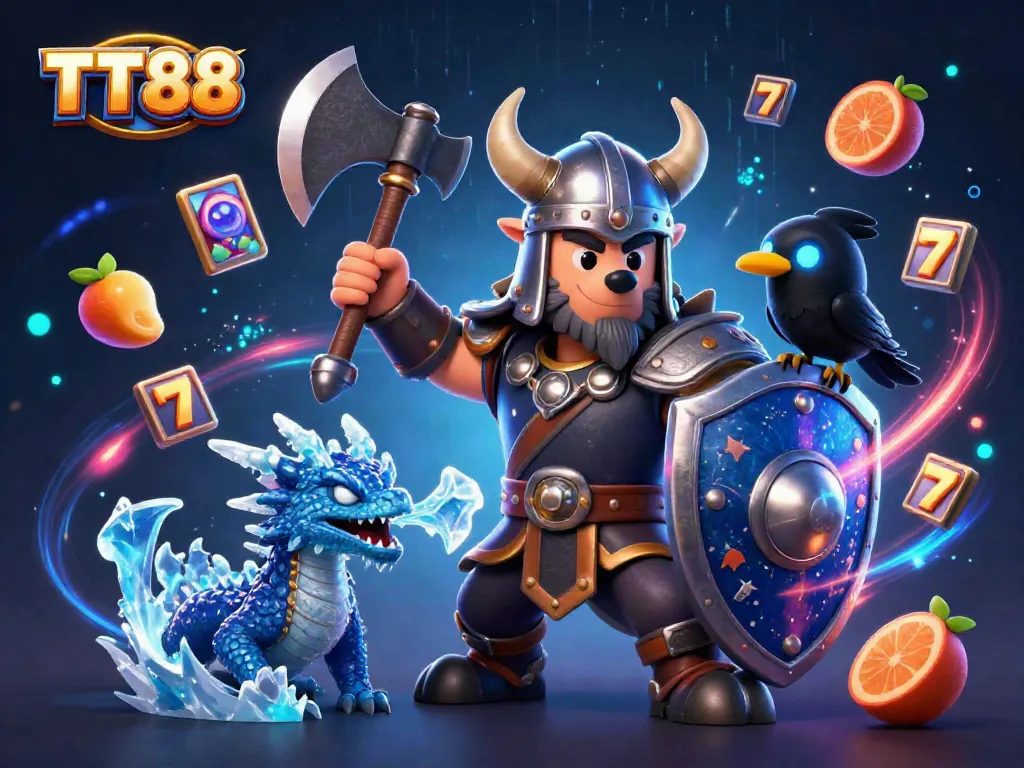 Engage with TT88's thrilling slots scene featuring a Viking warrior, a dragon, and vibrant gaming elements.