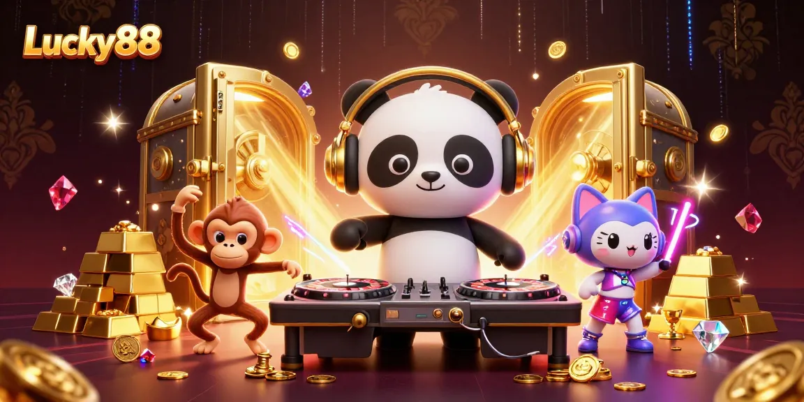 Experience the thrill of Lucky88 with vibrant characters and dazzling casino elements in a 3D illustration.
