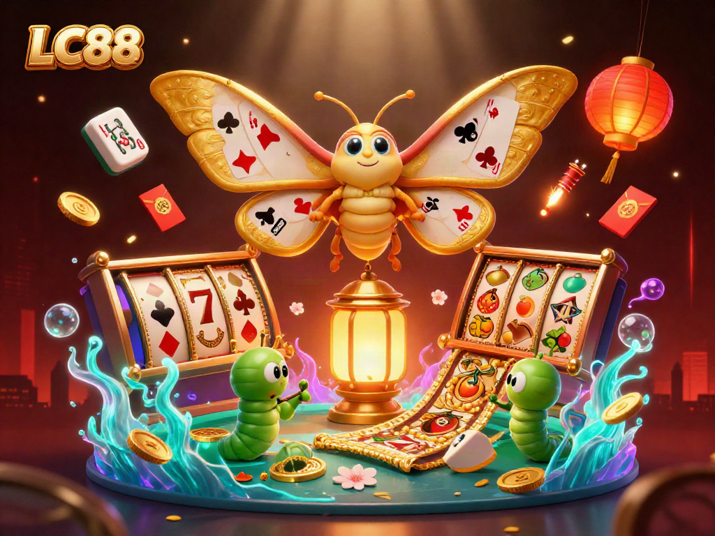 Experience thrilling casino action with LC88's vibrant 3D illustration showcasing rich game elements and playful moths.