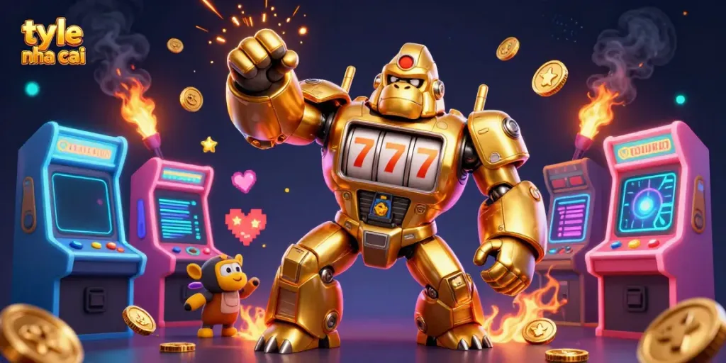 Engage with ty le nha cai through this vibrant 3D illustration featuring a golden gorilla mech and arcade games.