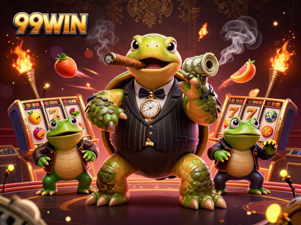 Experience thrilling 99WIN gaming with a snapping turtle mobster and dynamic slot reels. Join the action!
