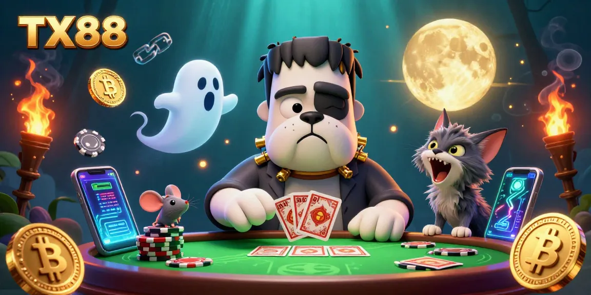 Experience the thrill of TX88 with a mystical gaming scene featuring a Frankenstein bulldog dealing cards.