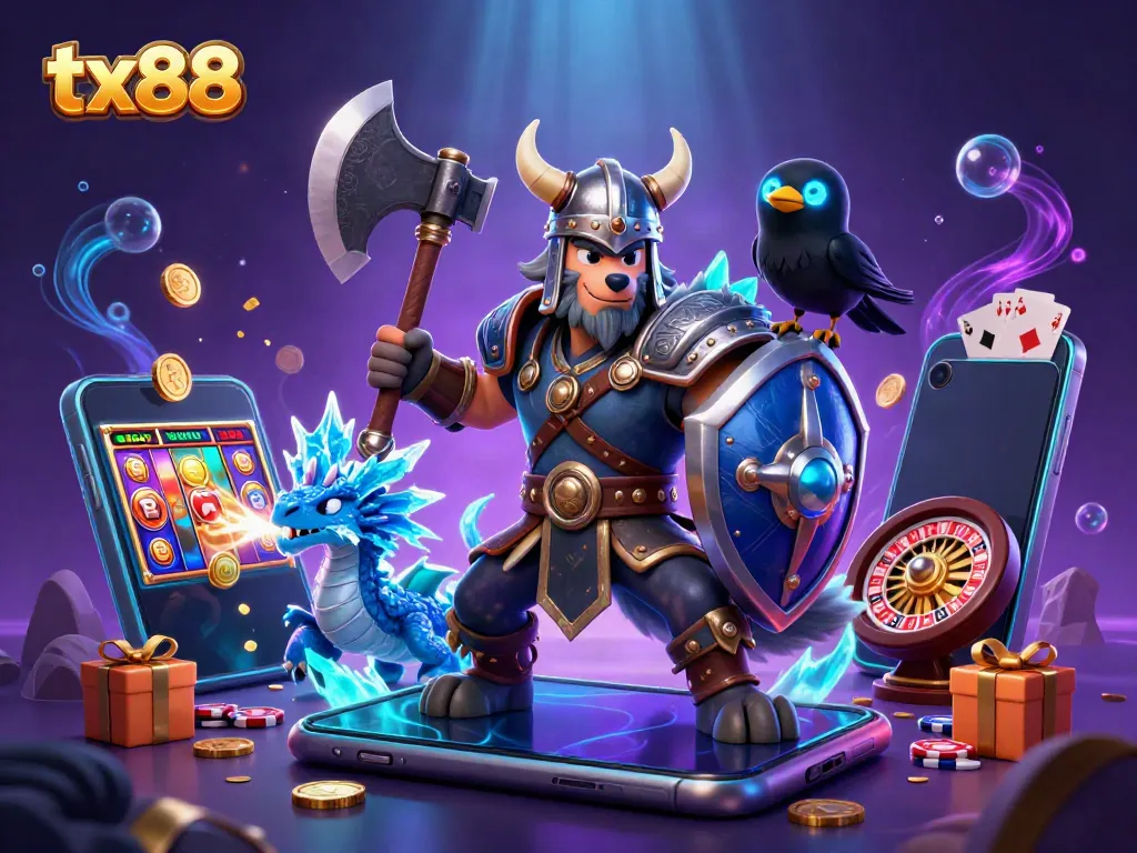 Experience thrilling action at tx88 with a cartoon Viking wolf warrior, dragon, and gaming elements!