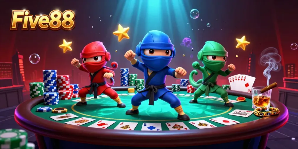 Experience the dynamic action of Five88's vibrant casino scene featuring chameleon ninjas at a poker table.