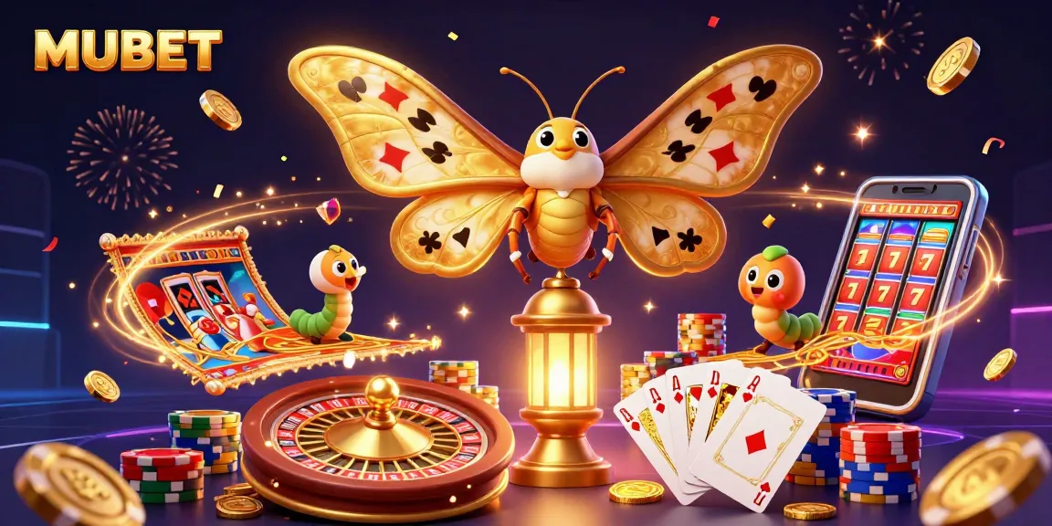 MUBET spins excitement with golden coins, vibrant casino scenes, and lively moth characters in action.