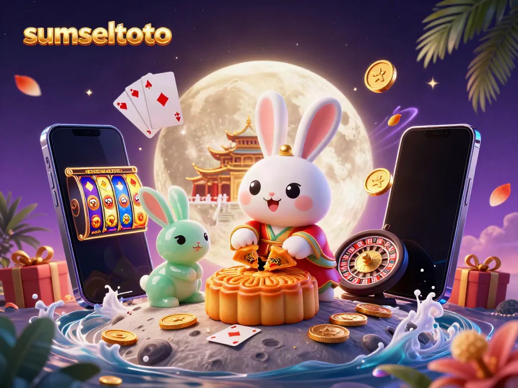 Sumseltoto inspired moon rabbit scene revealing poker chips amidst casino-themed elements.