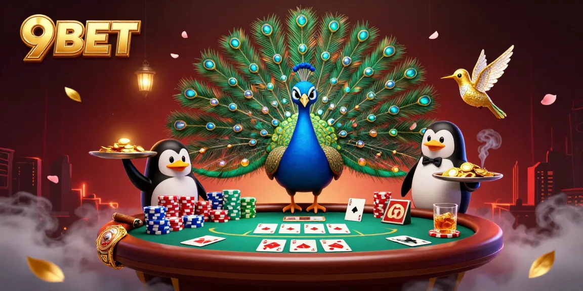 Betting with 9BET: A vibrant party scene with colorful poker chips and luxurious characters.