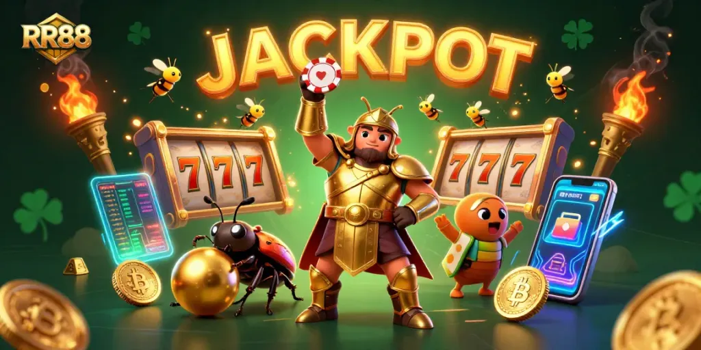 Play thrilling casino games with RR88 amid vibrant 3D characters and jackpots listed in a colorful, casino-themed illustration.