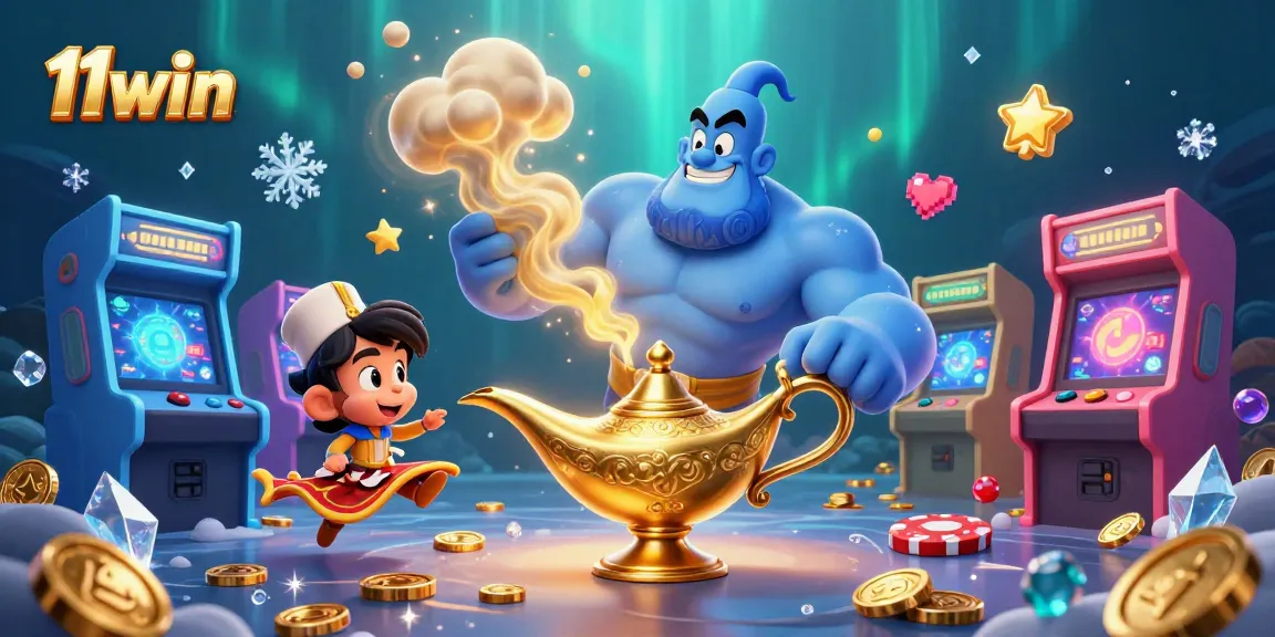 Experience thrilling gaming with 11win as the blue genie emerges from the lamp amidst casino excitement.