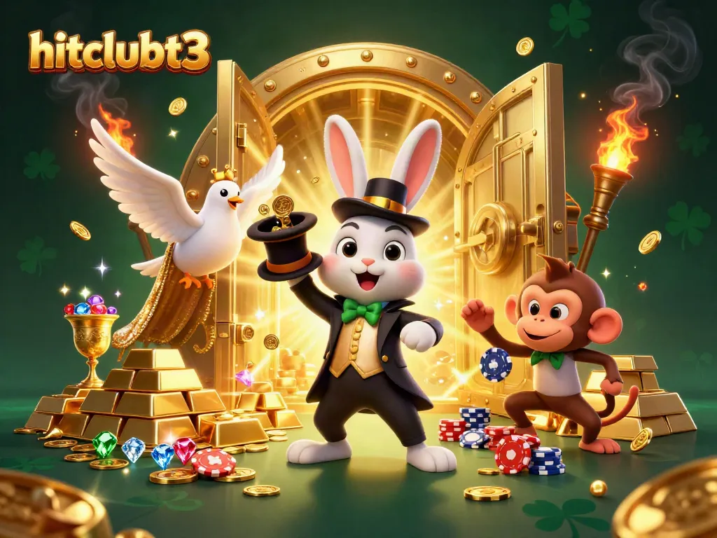 Hitclubt3's vibrant casino scene with magical characters and treasures awaits players.