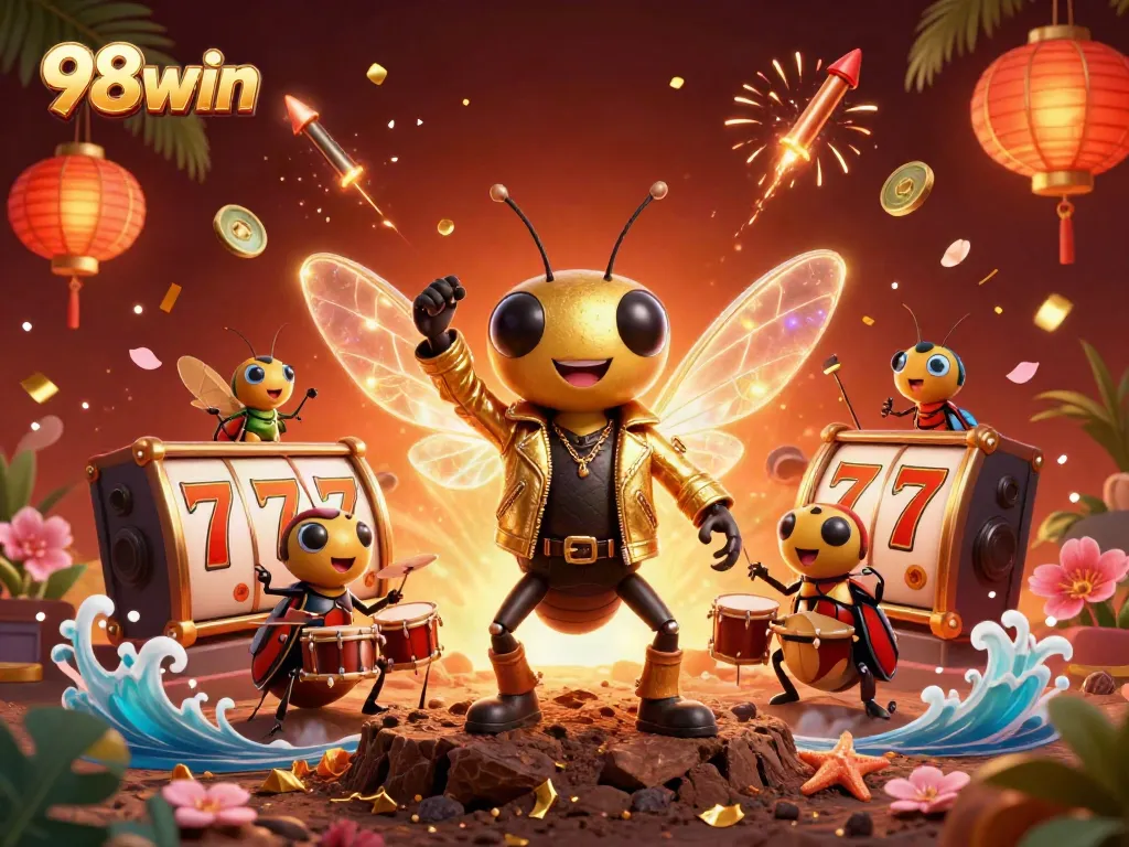 Experience thrilling gaming adventures with 98win's vibrant 3D casino illustration featuring fun characters.