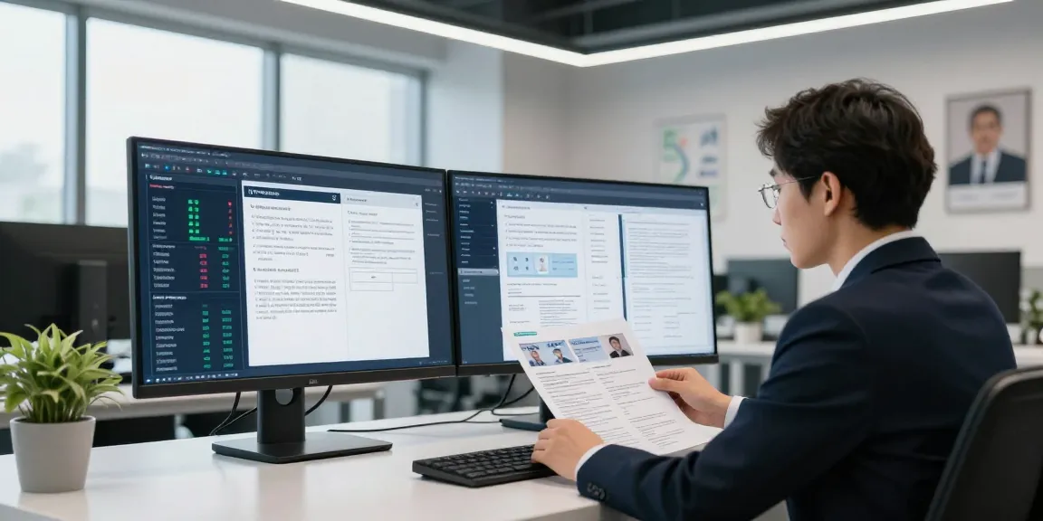 Document fraud detection analysis by compliance officer in a modern office with digital document analytics.