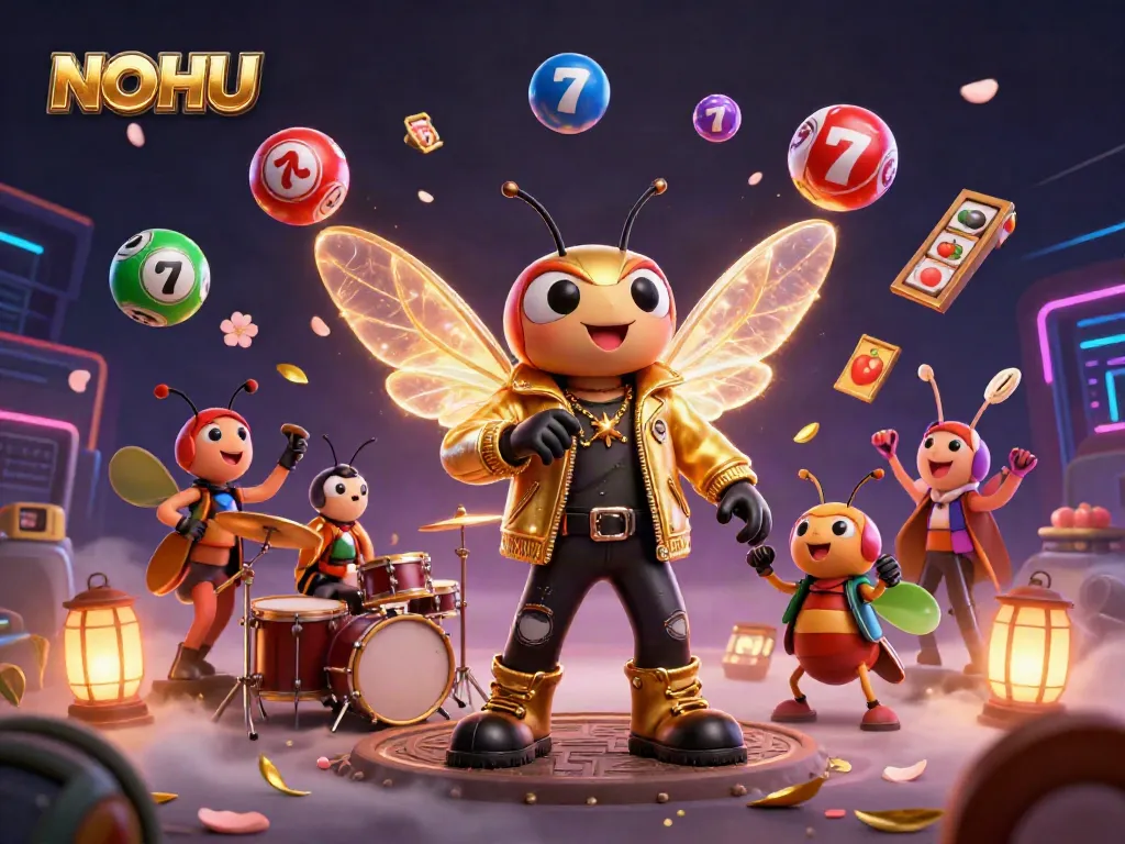 Experience casino excitement with NOHU in a vibrant 3D illustration featuring characters and themed elements.