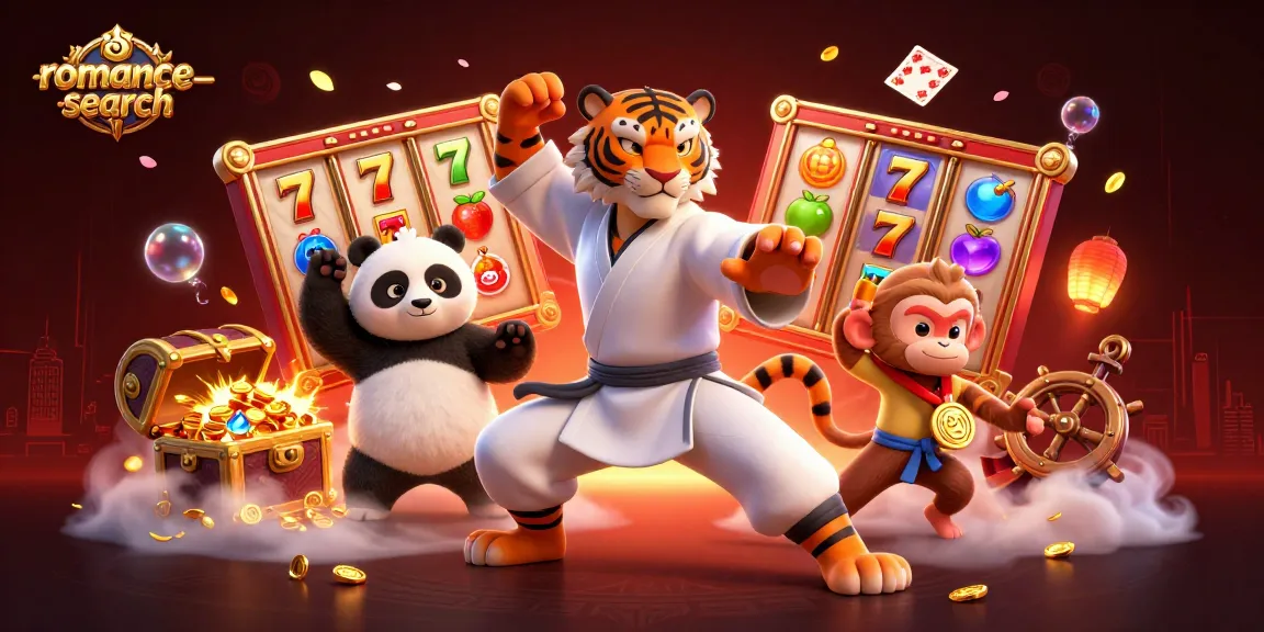 Experience thrilling wins with romance-search in an action-filled 3D casino world featuring colorful slot reels and playful characters.
